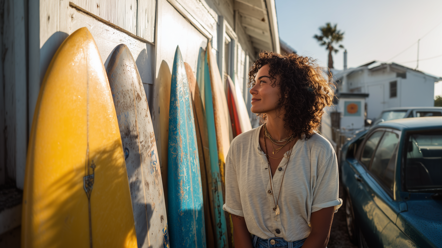Woman gazing at a row of surfboards